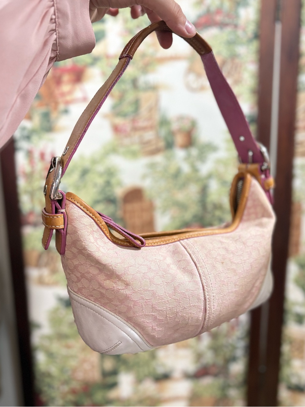 COACH Pink Canvas Signature One Shoulder Bag 6351 Hobo Auth